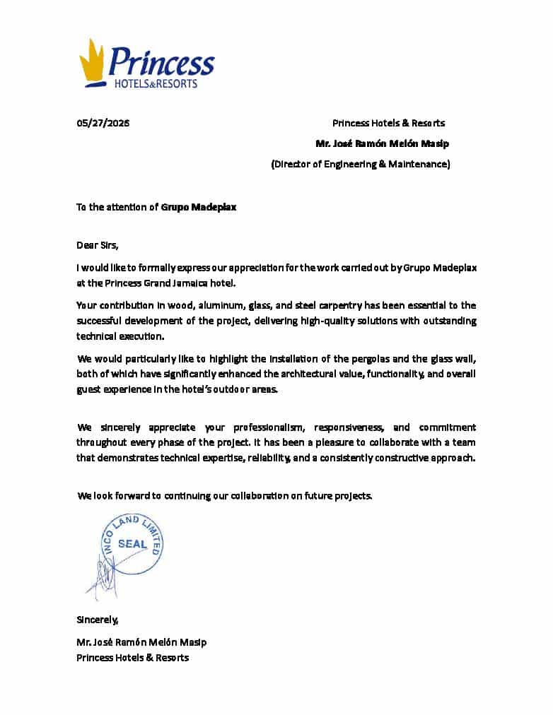 Princess Grand Jamaica reconoce la excelencia técnica de Grupo Madeplax en su proyecto de renovación